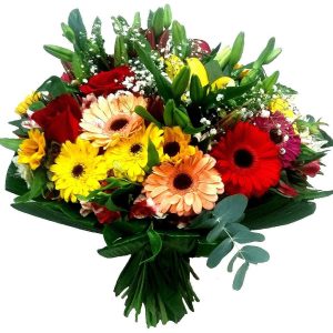 BOUQUET MIX DE GÉRBERAS COM ROSAS COLOMBIANAS LIRIOS E FOLHAGEM, GR