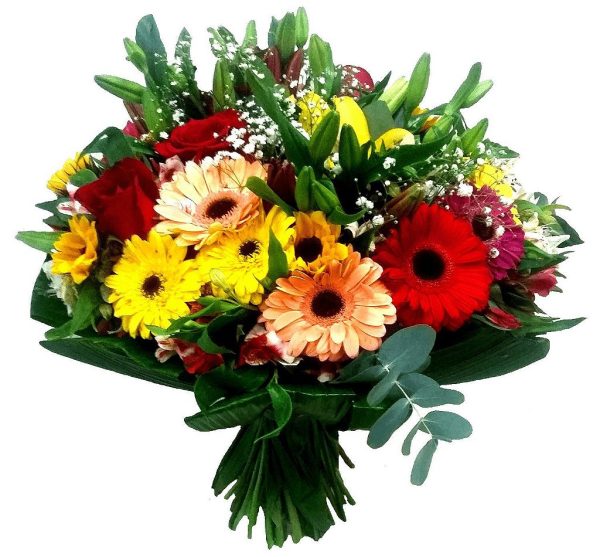 BOUQUET MIX DE GÉRBERAS COM ROSAS COLOMBIANAS LIRIOS E FOLHAGEM, GR