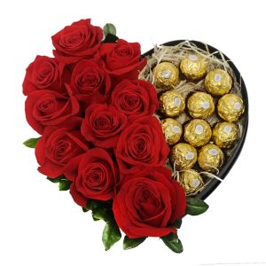 CORAÇÃO DE ROSAS COLOMBIANAS E CHOCOLATES