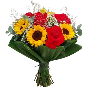 BOUQUET COMPACTO ROSAS COLOMBIANAS COM GIRASSÓIS E ASTROMÉLIA
