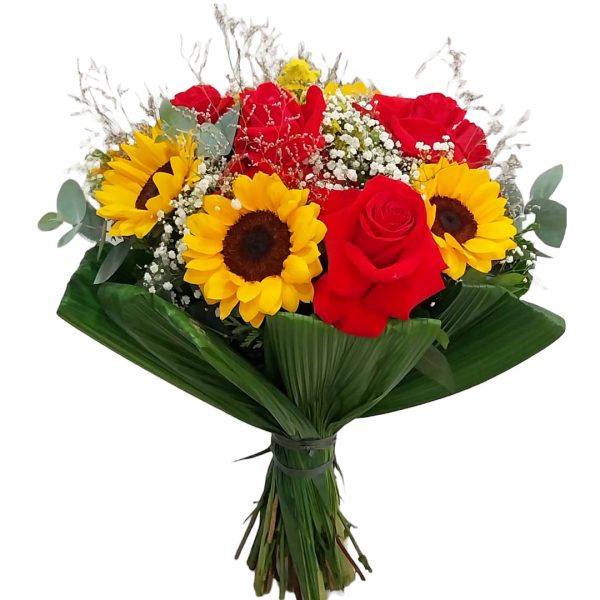 BOUQUET COMPACTO ROSAS COLOMBIANAS COM GIRASSÓIS E ASTROMÉLIA