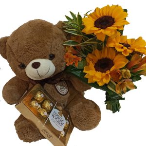 URSO AMOR COM CHOCOLATE E MINI BOUQUET DE GIRASSOL