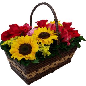 CESTA DE GIRASSÓIS COM ROSAS COLOMBIANAS