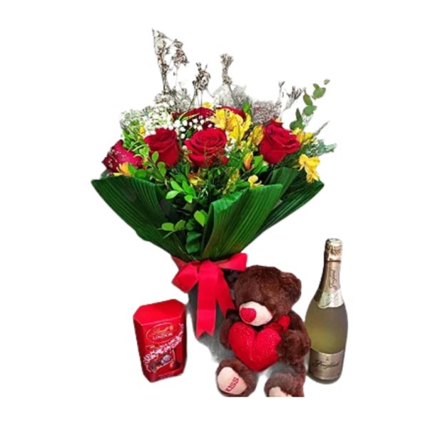Bouquet de Rosas Vermelhas Colombianas com Urso,Chocolate e Vinho
